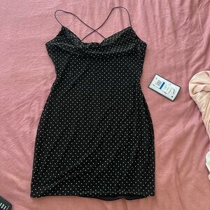 Strappy rhinestone cowl neck mini dress